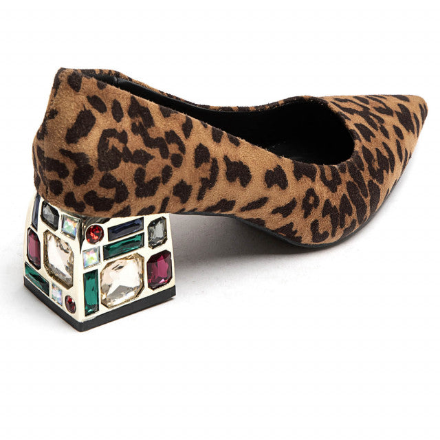 Jewel heel court shoes in Faux Suede leopard print