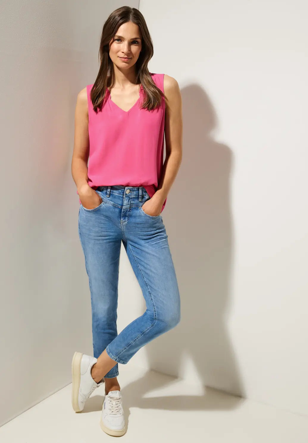 Pink v neck sleeveless blouse with frill detail Street One 344045 Pink