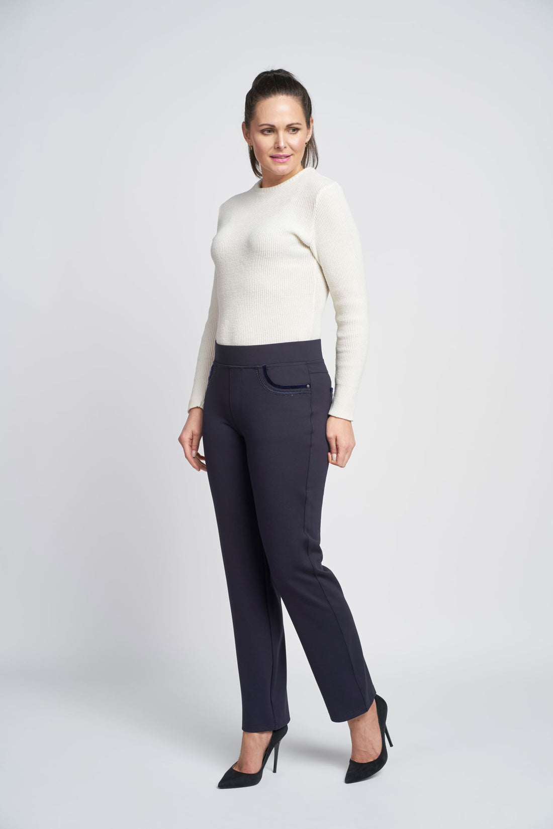 Pinns Straight Leg Black or navy  Figure Sculpting trousers with Crystal and Velvet pocket detail.405T