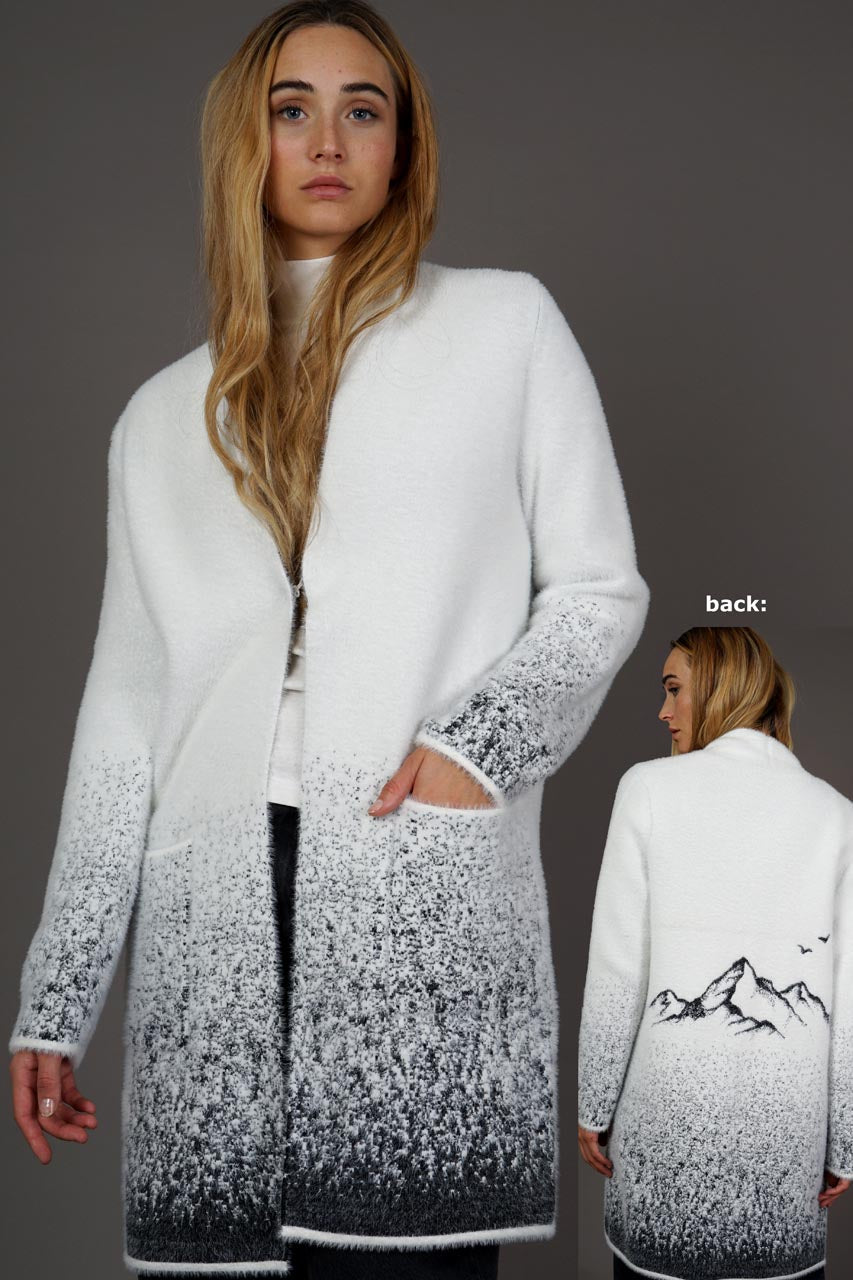 Long Feather Yarn Cardigan with ombre print detail Winter white and Black