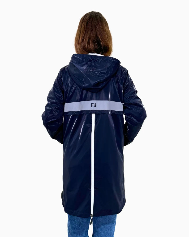 Fransden Navy Waterproof jacket in a sleek shiny fabric with reflective panels