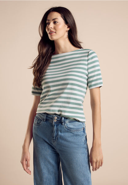 Street One Cotton Striped T Shirt  Green