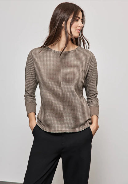 Street One Round neck top Mocha and Cream Stitch 322099