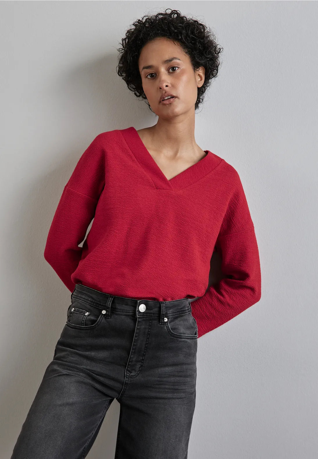 Street One Textured v neck sweatshirt in Autumn Red 22236