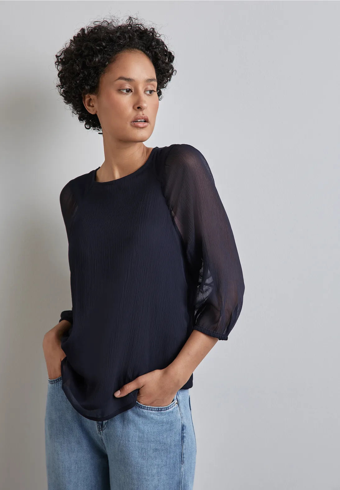 Street One Navy round neck blouse with chiffon sleeve 345063