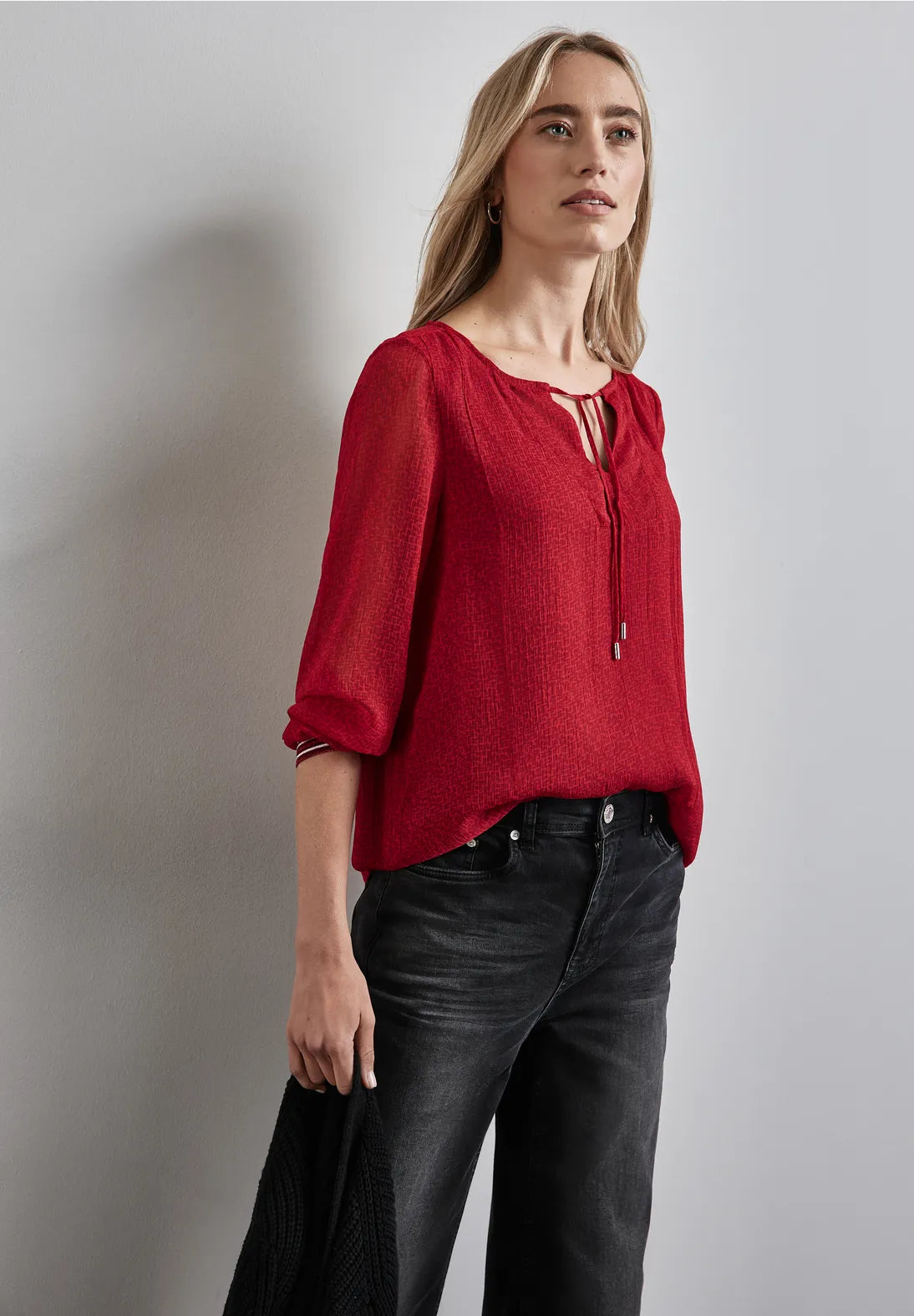 Street One Chiffon Blouse with Lurex cuff and neck tie. Black or red 345118