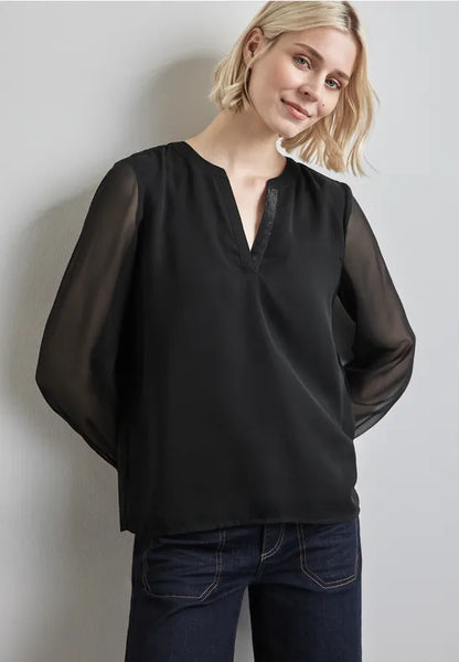 Street One Black v Neck Chiffon blouse with lurex cuffs