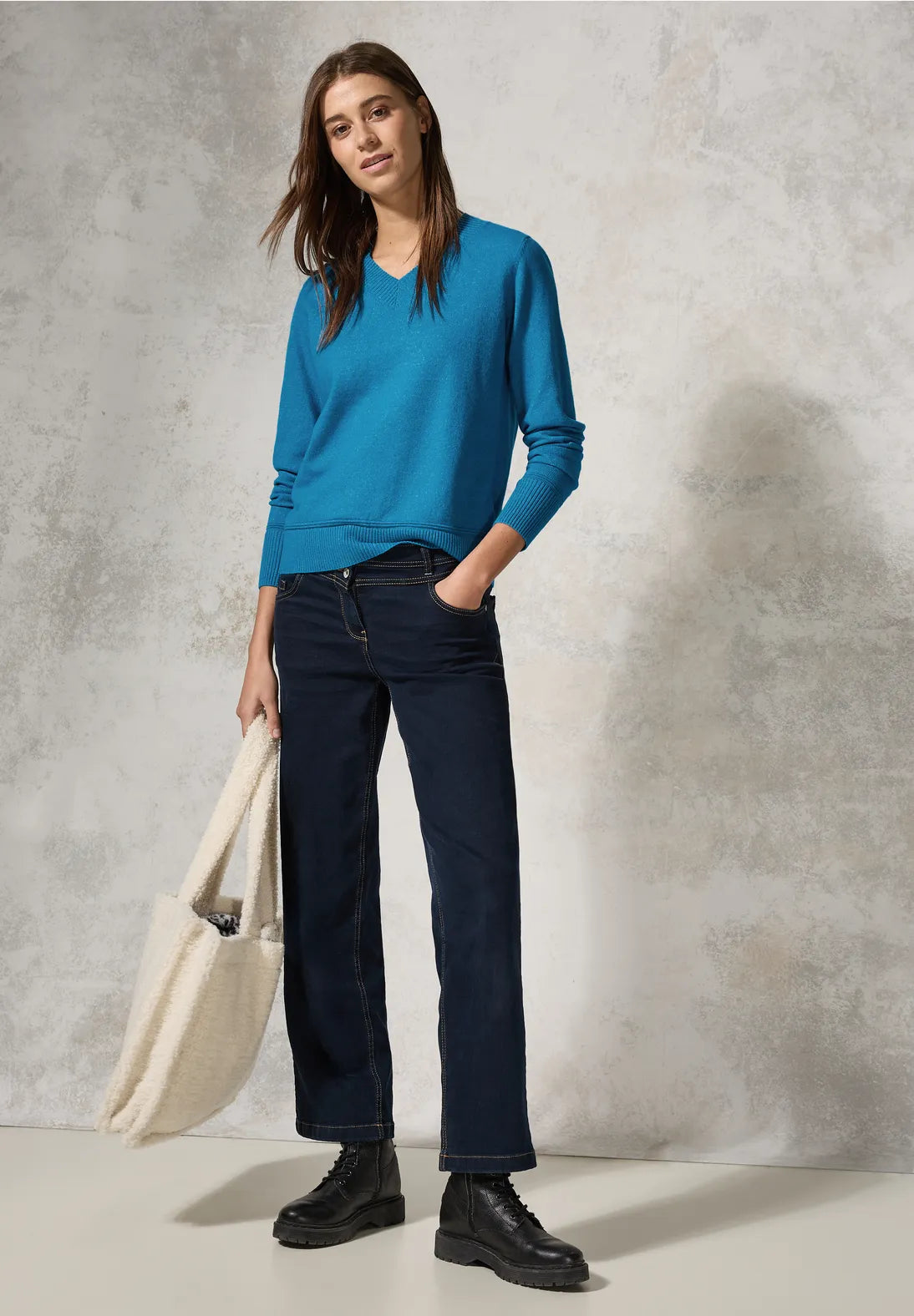 Cecil Blue Cotton mix V Neck Jumper 302949