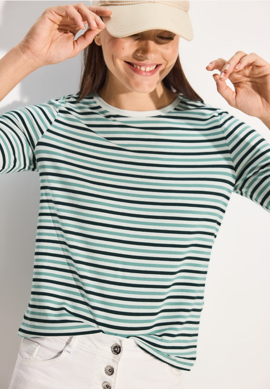 Cecil Cotton Round neck stripe top in green navy stripe  321931