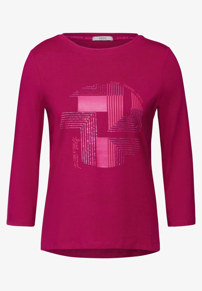 Cecil 3/4 sleeve Cotton T Shirt with Rhinestone Print. Pink Or Navy 322086