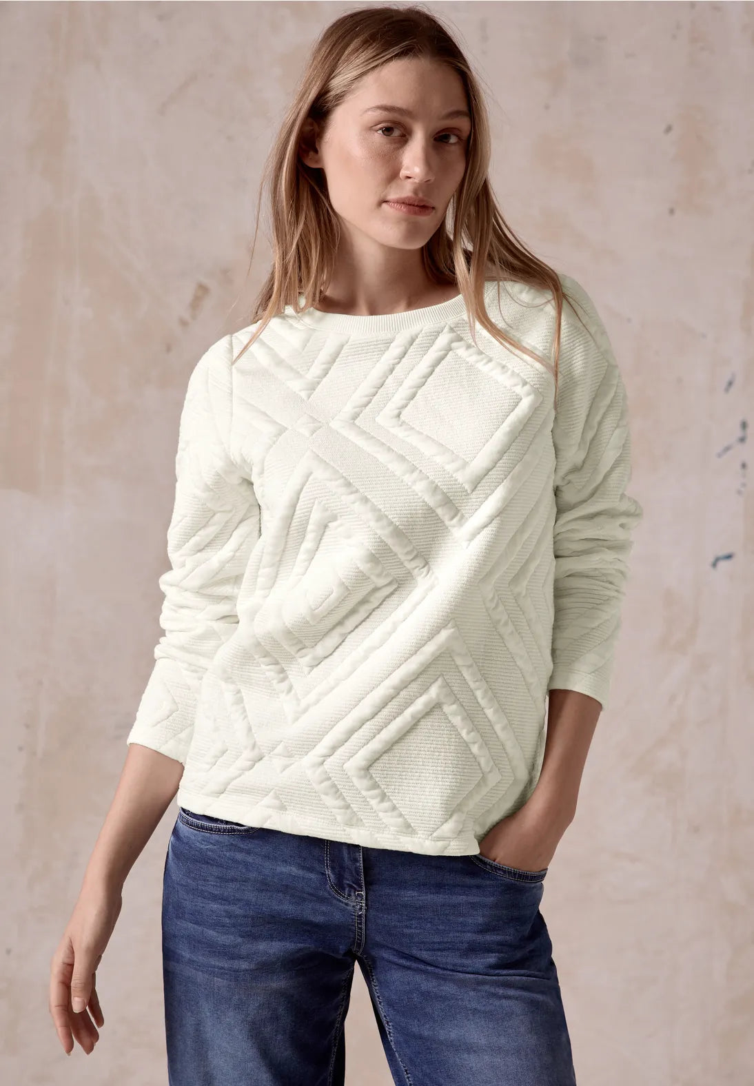 Cecil 3d Textured long sleeve sweatshirt in Agua or White 322263