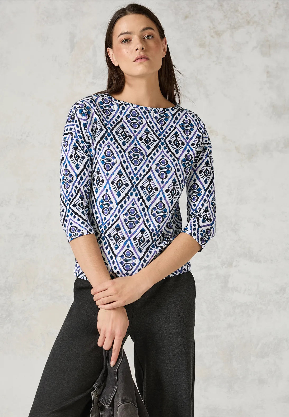 Cecil Cotton 3/4 sleeve Top in Lilac or White print. 322275