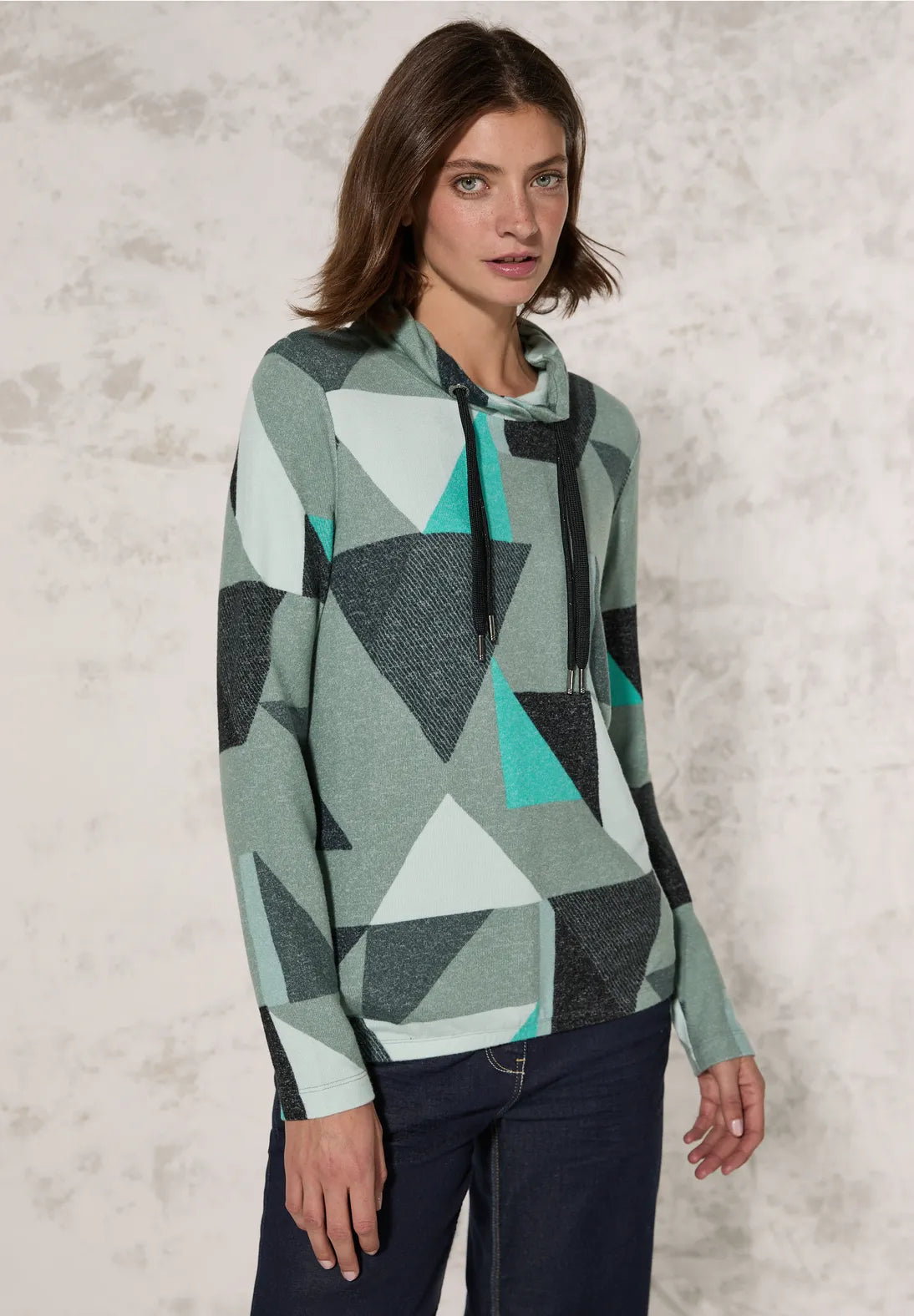 Cozy Geo Print Cowl neck top in Green or Black