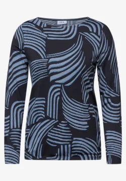 Cecil Long Sleeve Jersey Top in Blue graphic Print 322763