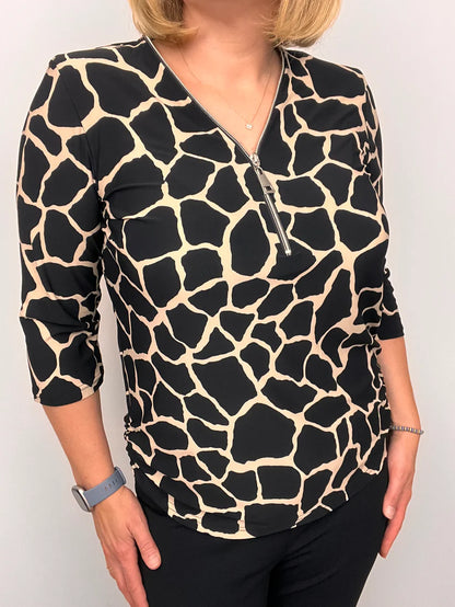 Ilona 3/4 sleeve Zip Top in black and Tan mix  107