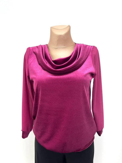 Yew &quot;Kirby&quot; Cowl Neck Shimmer Top with sheer sleeve. All Colours