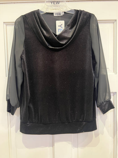 Yew &quot;Kirby&quot; Cowl Neck Shimmer Top with sheer sleeve. All Colours