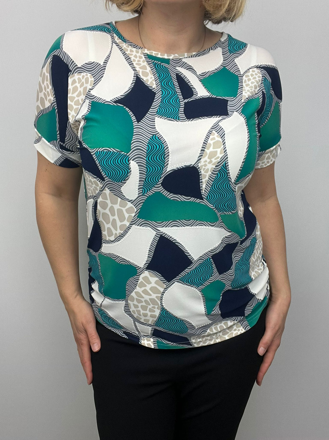 Ilona Short Sleeve Round Neck top Green and navy Print