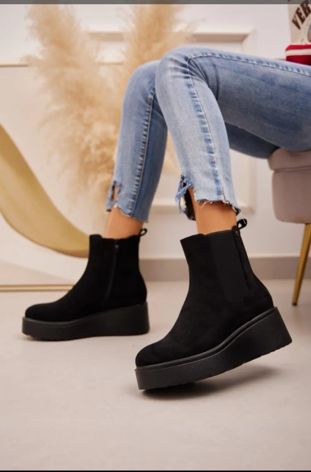 Black Faux Suede Platform sole Wedge Boot