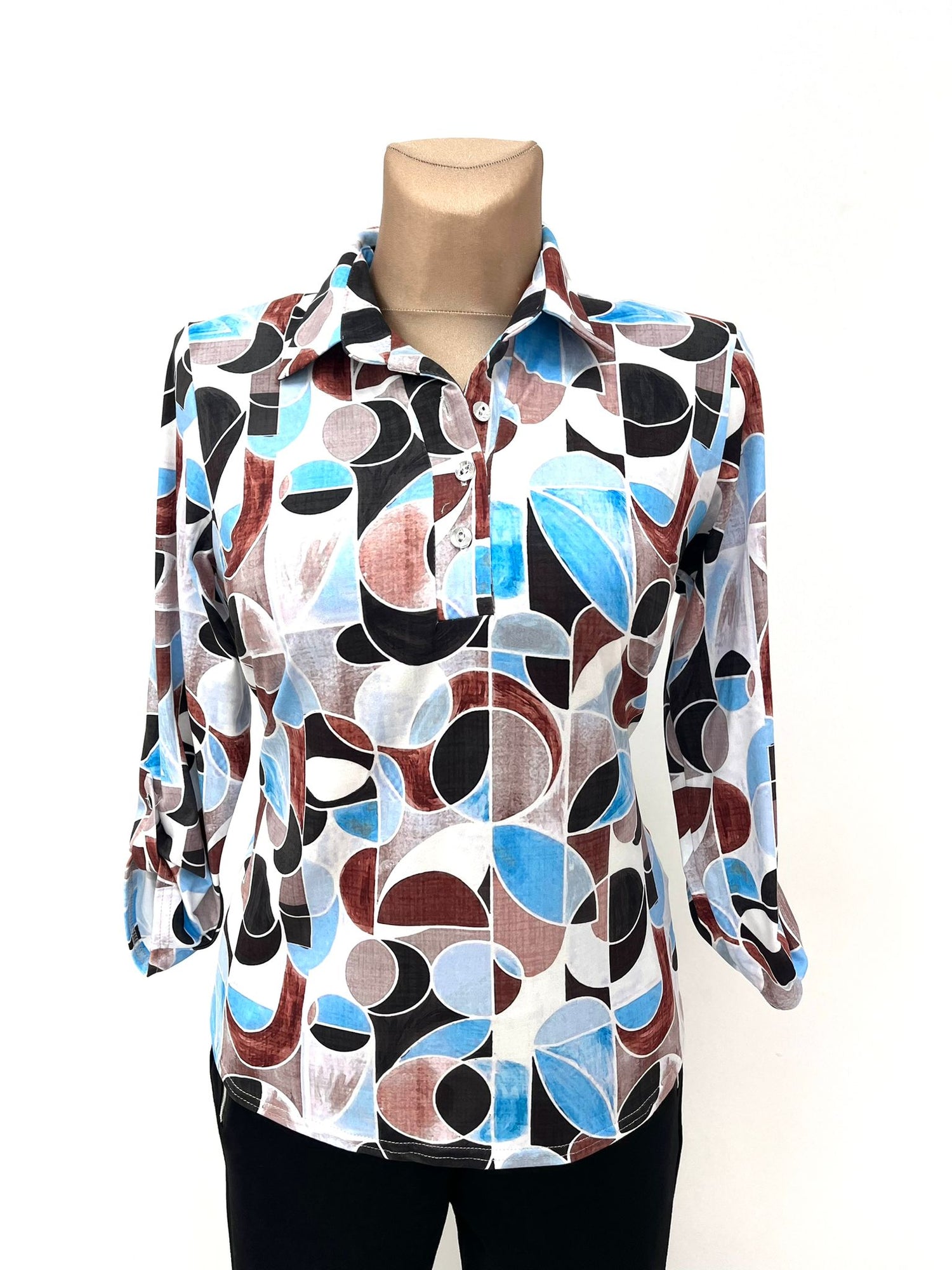 Yew collar style top with 1/4 button. Rust Blue mix