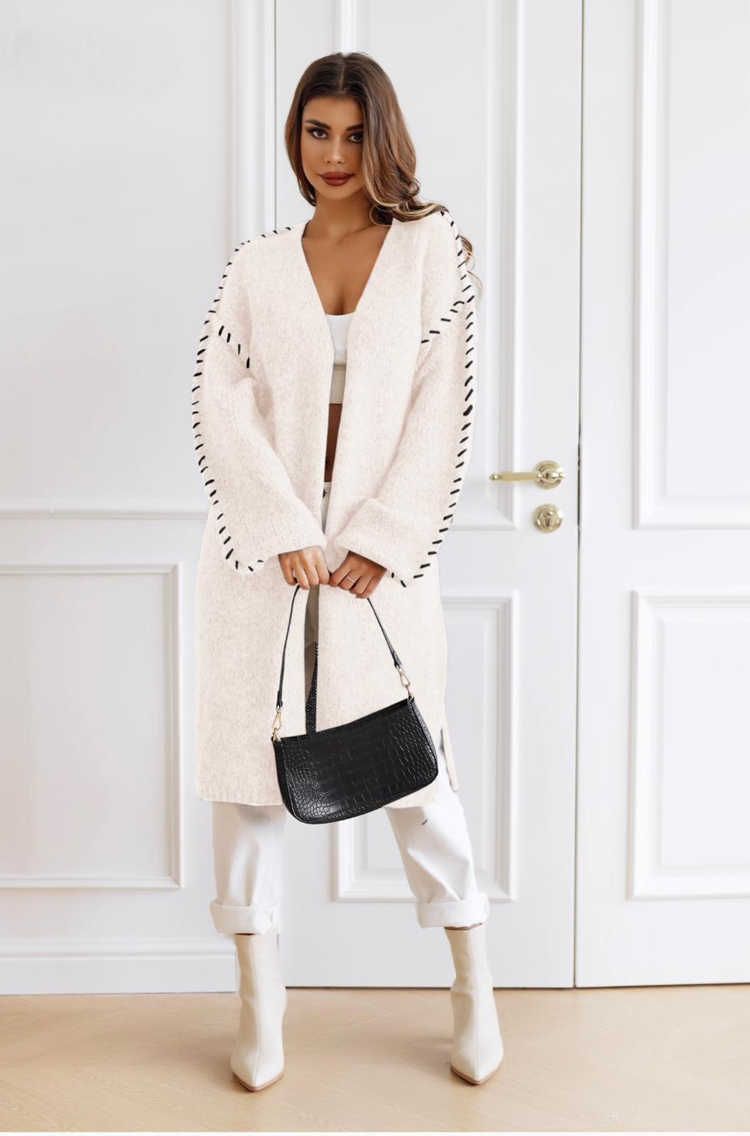 New Collection Long White Cardigan with contrast stitching