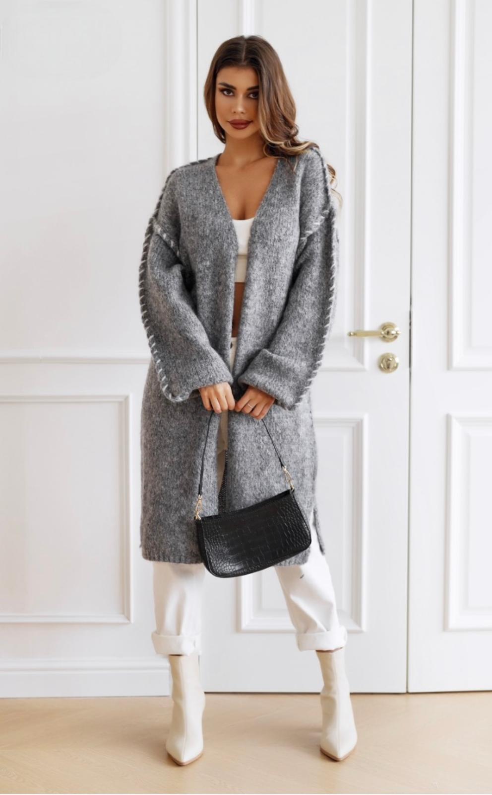 New Collection long Grey Cardigan with Contrast Stitching