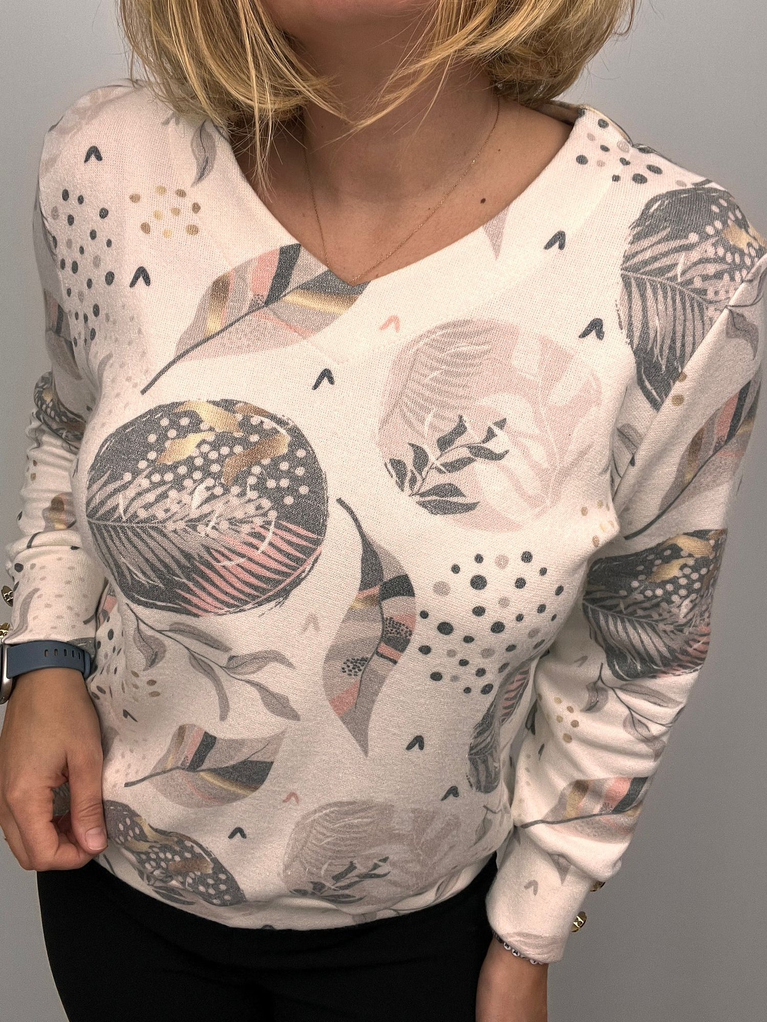 Ilona V Neck Sweatshirt/Jumper  Taupe cream print 1