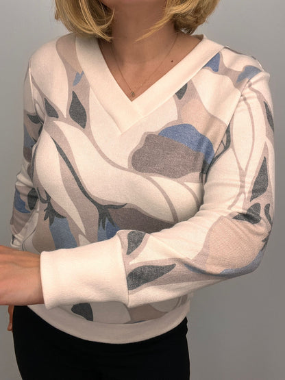 Ilona V Neck Sweatshirt/jumper Blue Cream and Taupe Mix