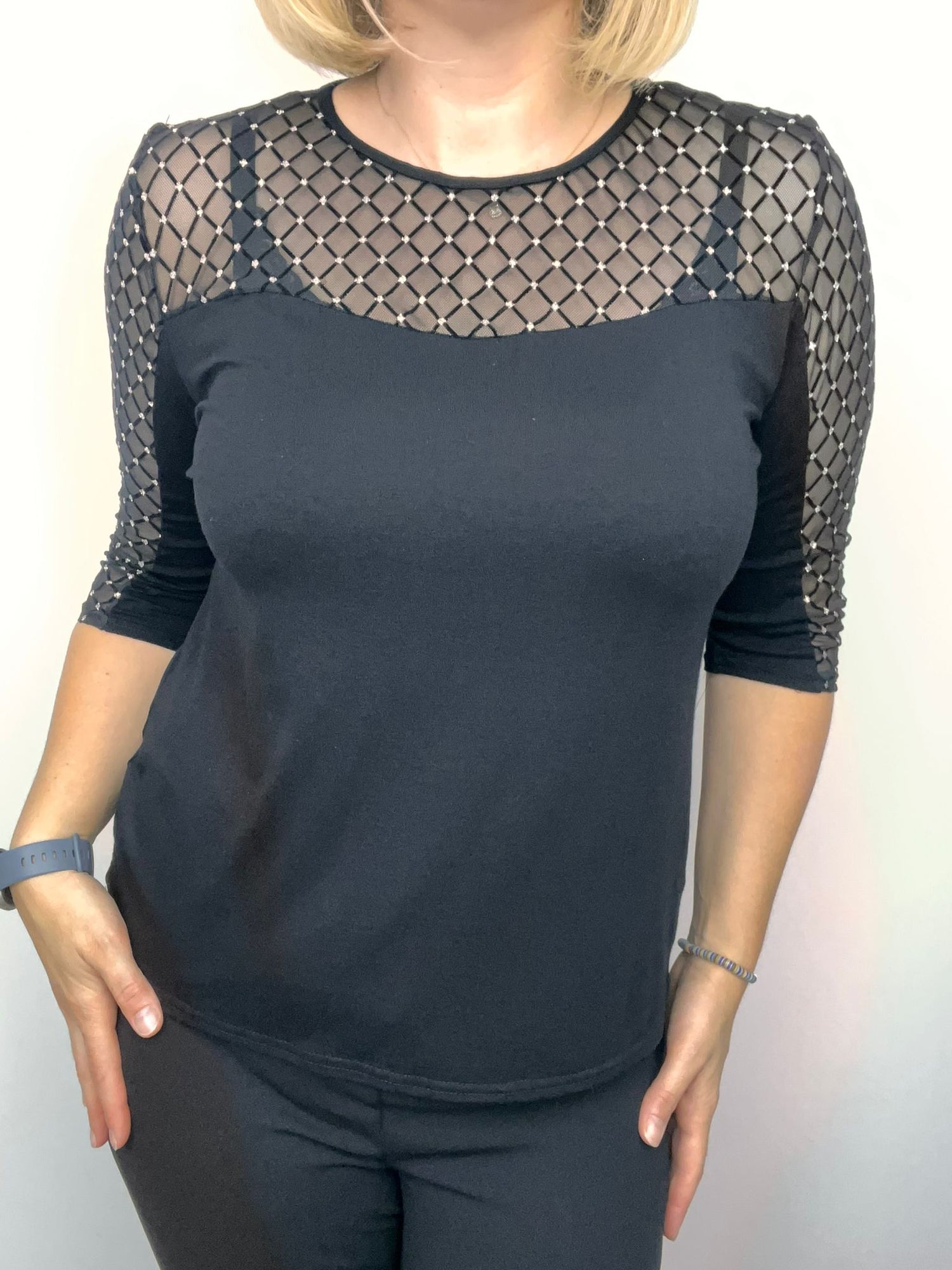 Ilona Black Top with Diamante sheer Panels