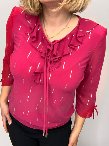 Ilona Pink Ruffle top with Sheer sleeve and gold foil print