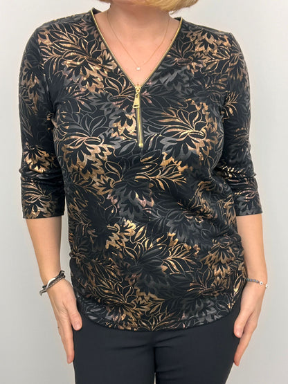 Ilona Party Zip top Black and Gold Metallic print 111