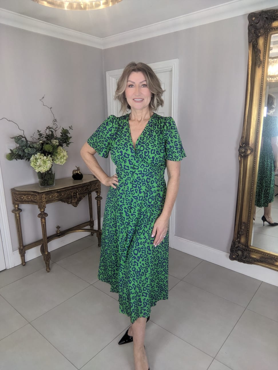 Amber Green and navy animal Print V neck button through Midi Dress