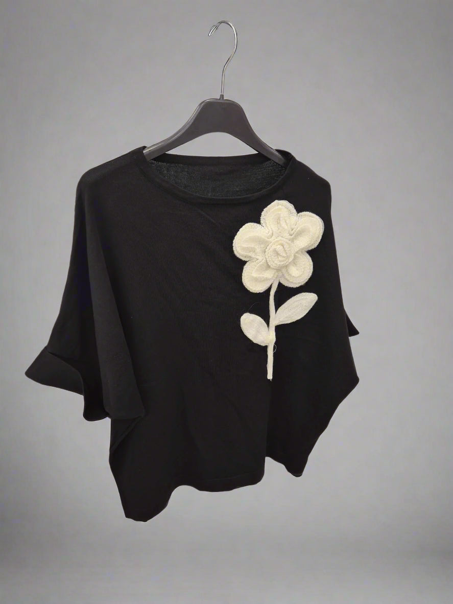 Zola black short sleeve knit with crochet Rose Detail