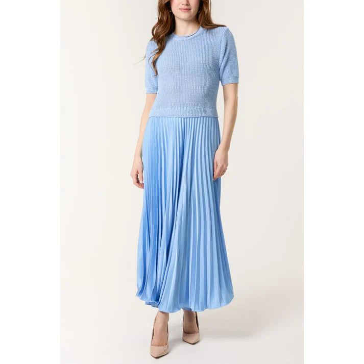 Knit Top Short Sleeve Dress with Pleated skirt in Powder Blue