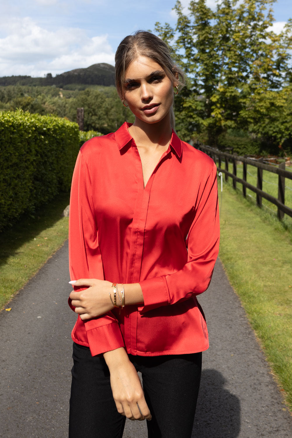 Joy Red Silk Shirt with V Neck