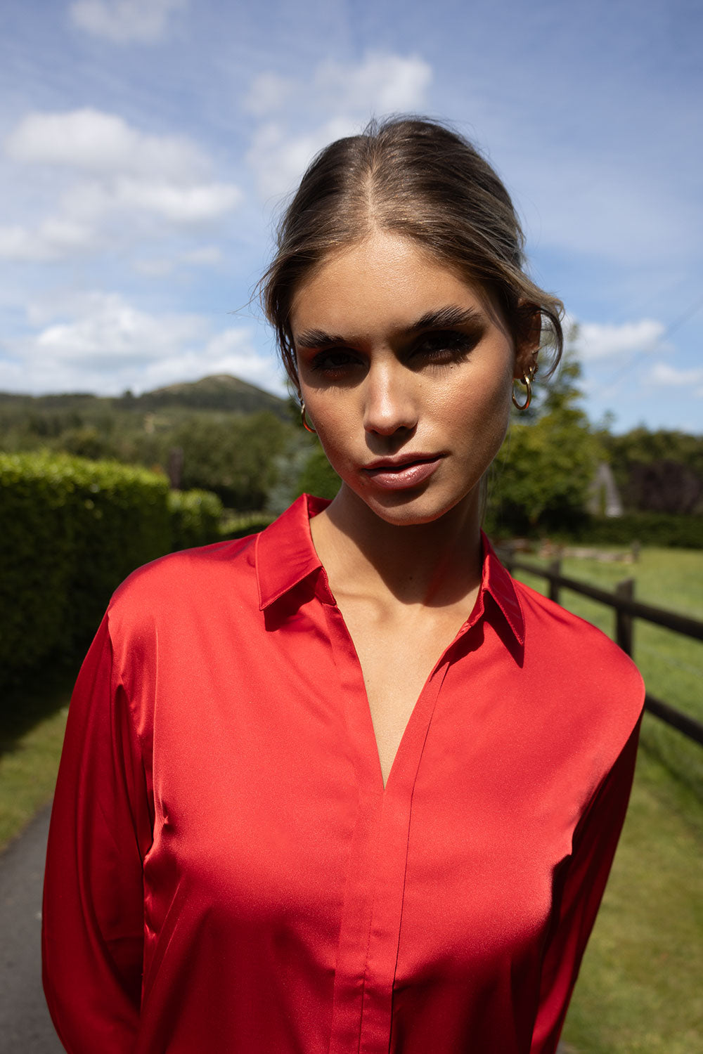 Joy Red Silk Shirt with V Neck