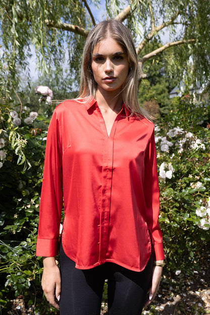 Joy Red Silk Shirt with V Neck