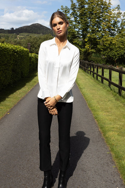 Joy White Silk Shirt with V Neck