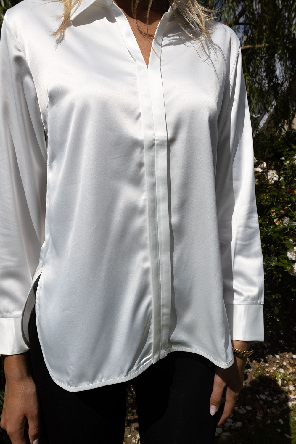 Joy White Silk Shirt with V Neck