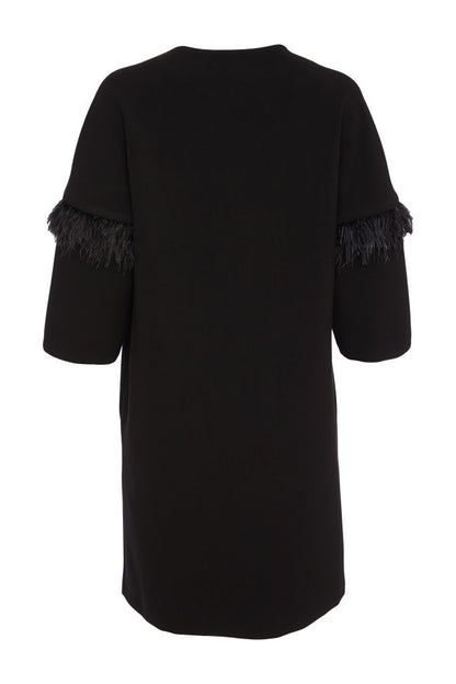 Kate Cooper Black Dress Coat with feather trim 3/4 sleeve Kcaw24164