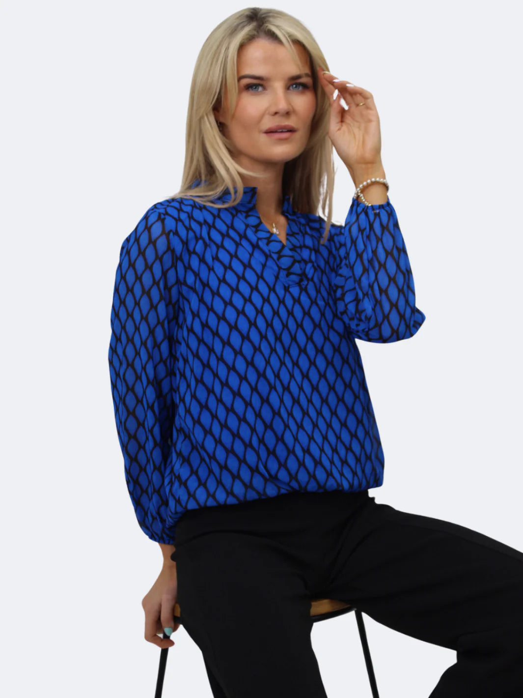 Kate And Pippa Chiffon long sleeve Top with Soft waistband  Royal Blue and Black