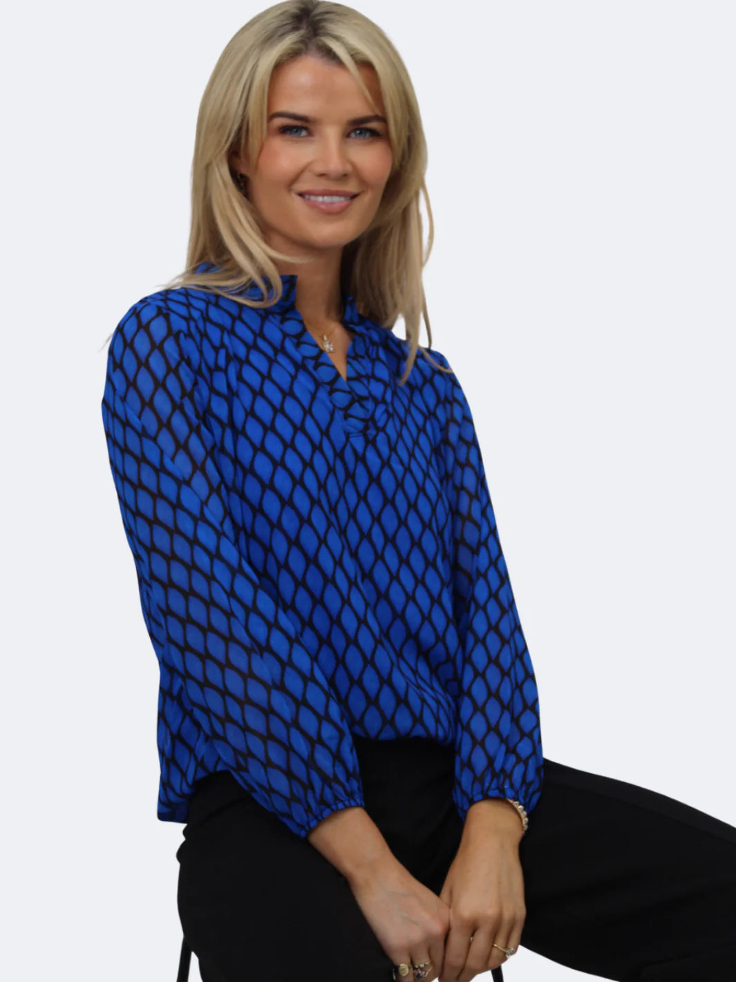 Kate And Pippa Chiffon long sleeve Top with Soft waistband  Royal Blue and Black