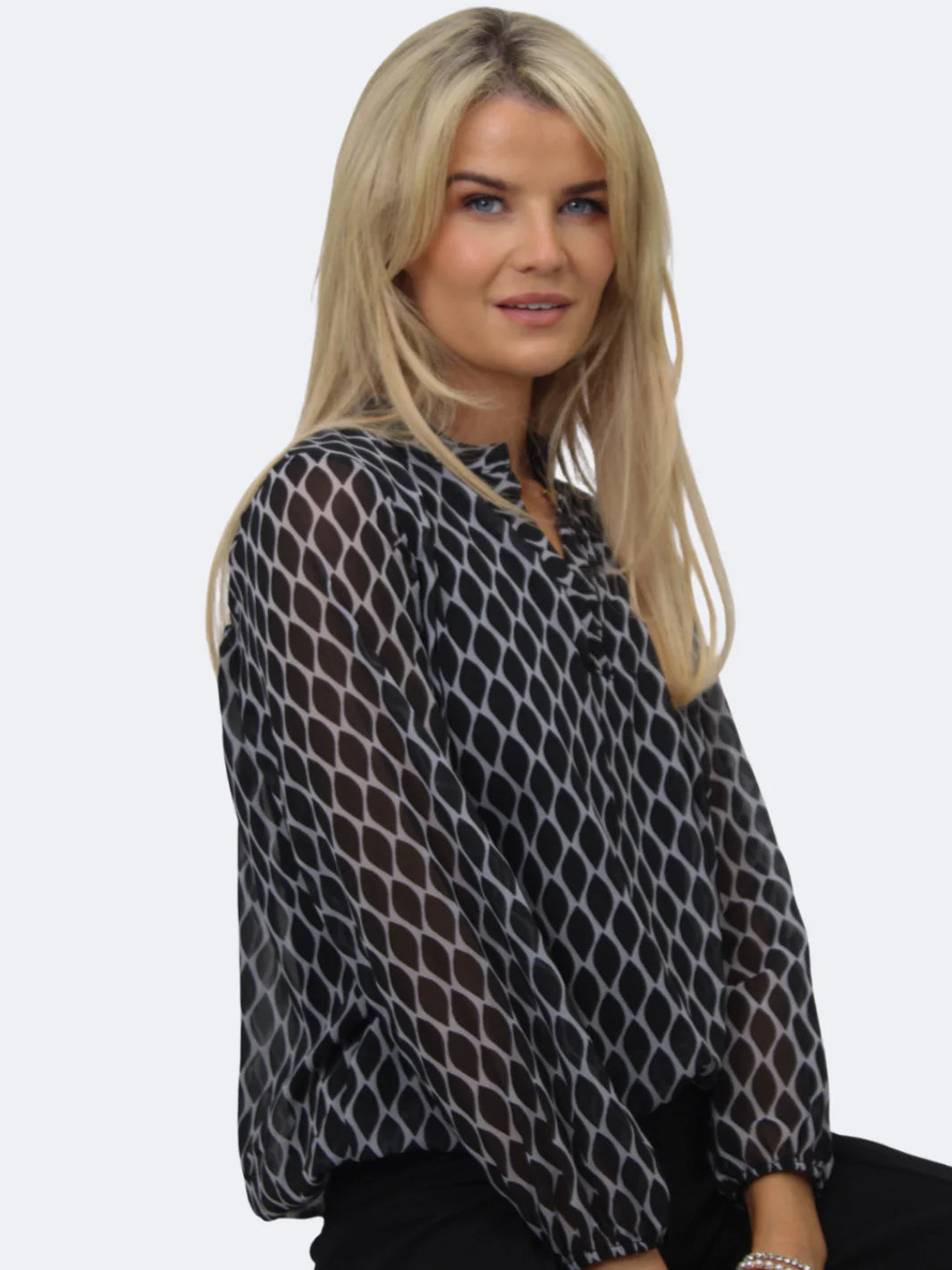 Kate And Pippa Chiffon long sleeve Top with Soft waistband   Black and Grey