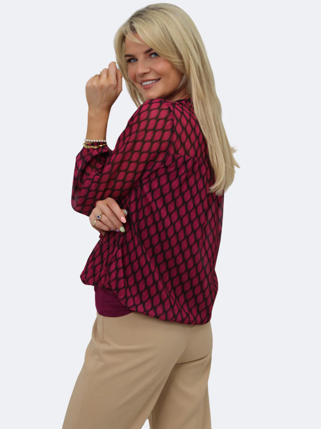 Kate And Pippa Chiffon long sleeve Top with Soft waistband Magenta and Black