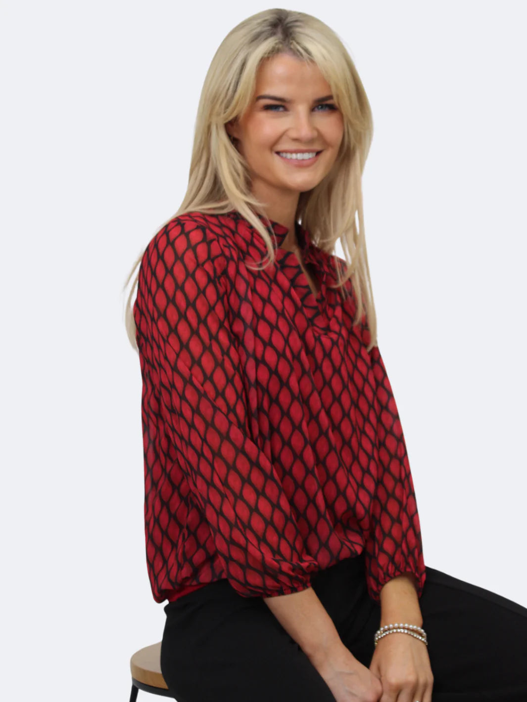 Kate And Pippa Chiffon long sleeve Top with Soft wasitband  Red and black