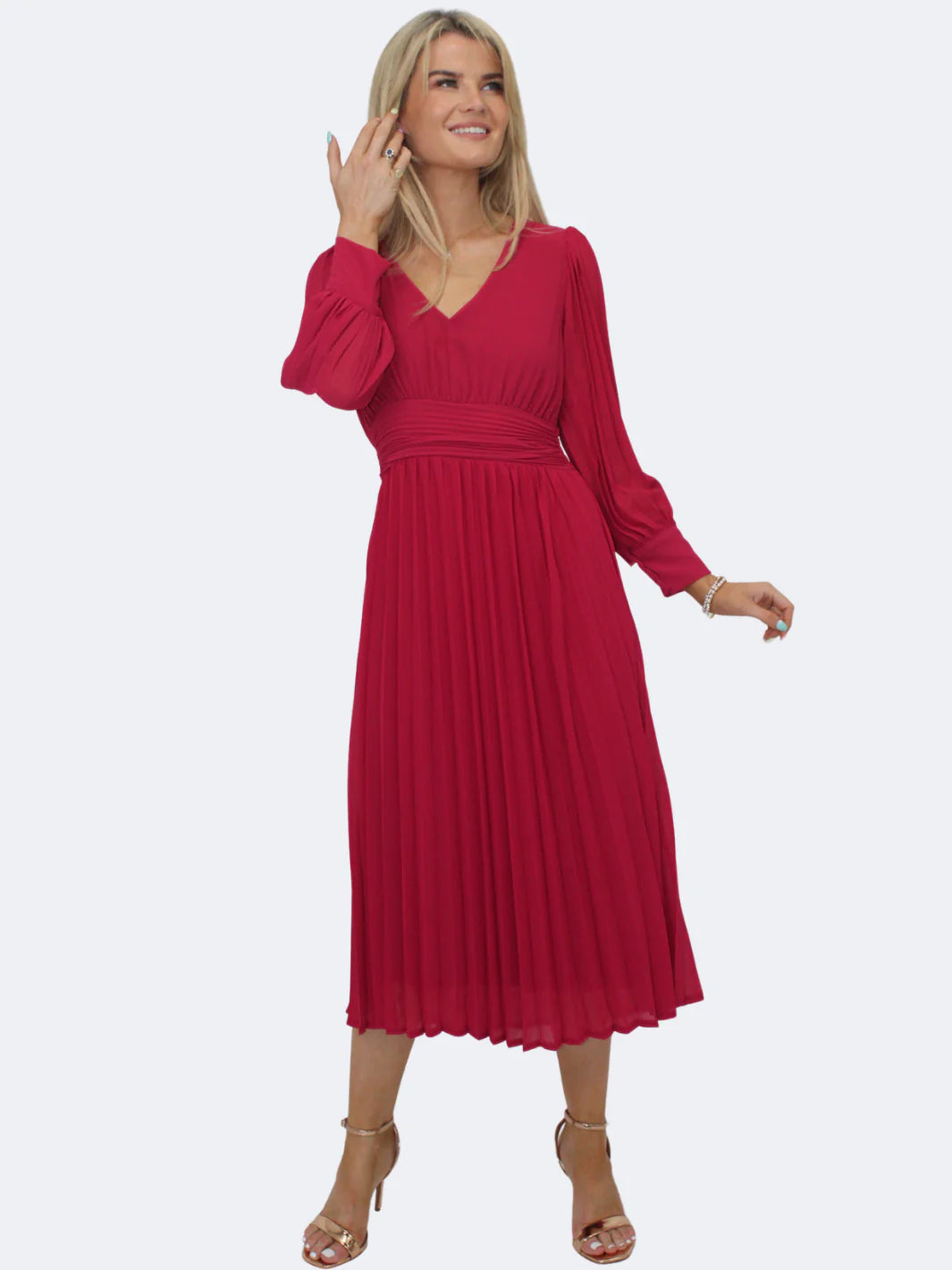 Kate And Pippa Hannah Chiffon pleated Midi dress in Berry