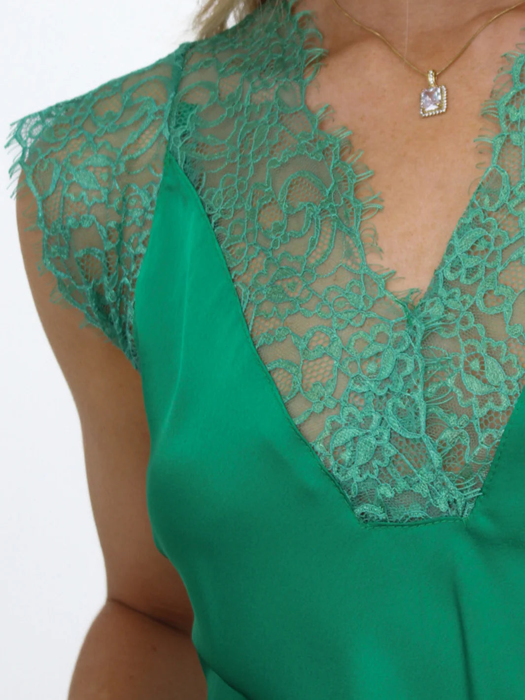 Kate And Pippa Lauren Satin Cami top with Lace Edge Green