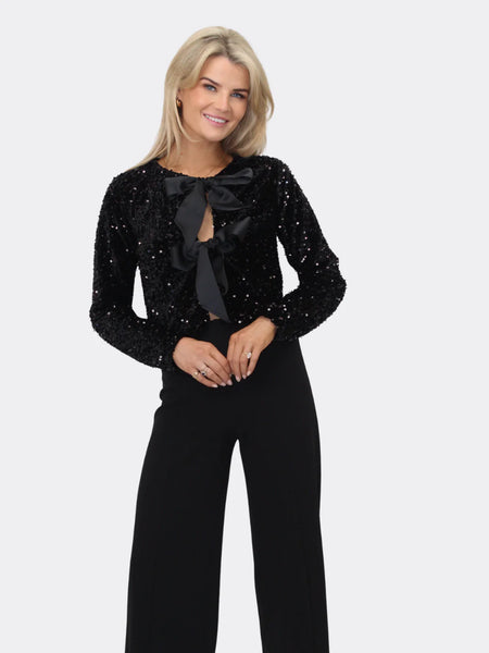 Kate And Pippa Lori Velvet Sequin bow tie top. Black or Blue