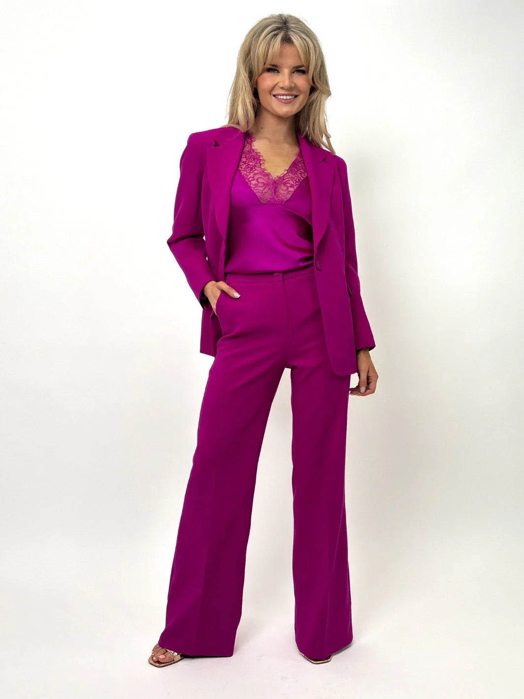 Kate And Pippa Palermo Trousers. Black Magenta Navy Pinstripe