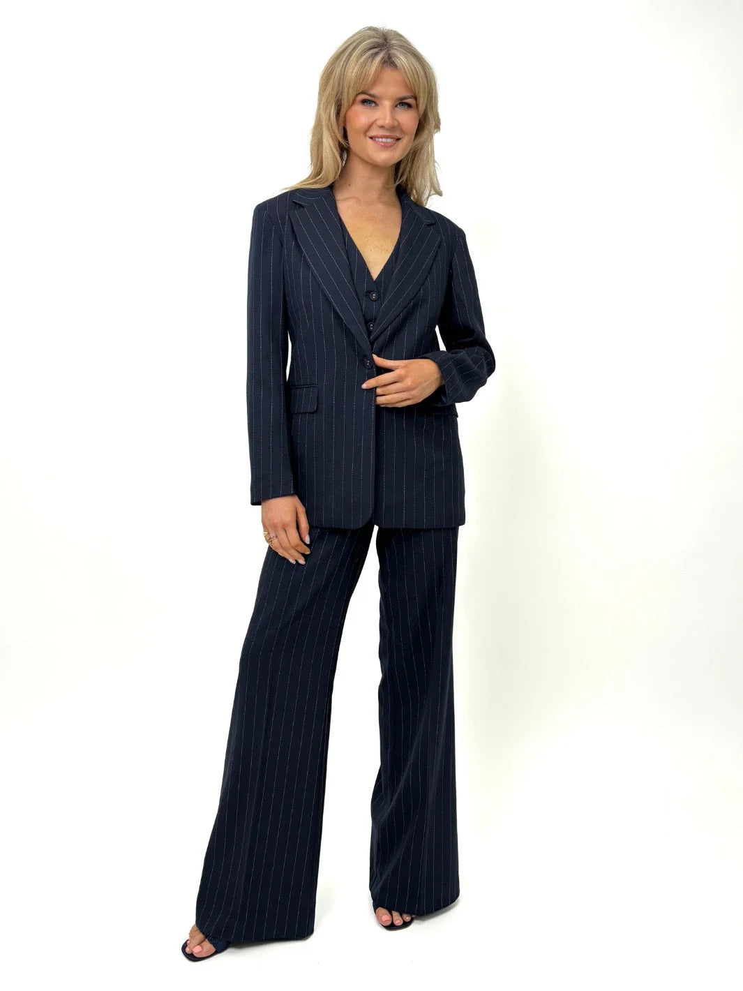 Kate And Pippa Palermo Trousers. Black Magenta Navy Pinstripe